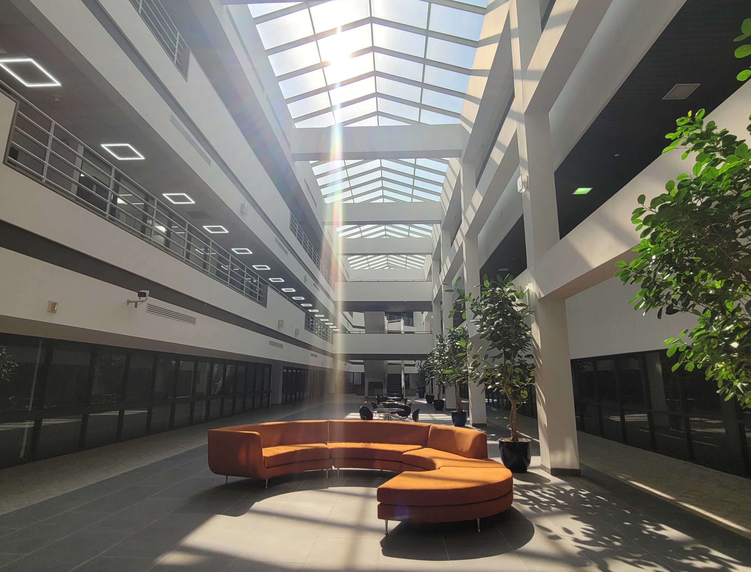 The sunlit atrium of the Montgomery Innovation Hub in Skillman, New Jersey, where the NJx Venture Summit gathers for lunch and networking